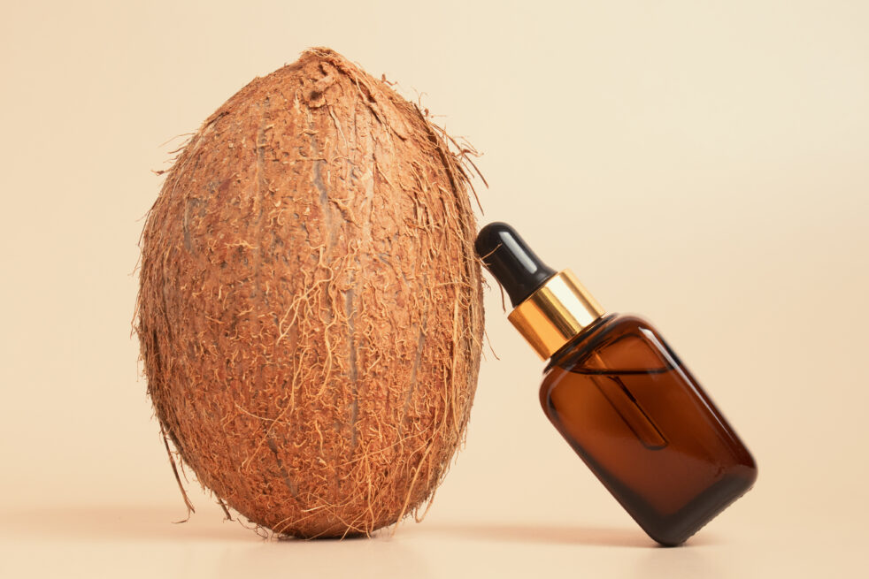 fresh coconut and glass bottle of cosmetic oil on 2023 11 27 05 22 01 utc 1